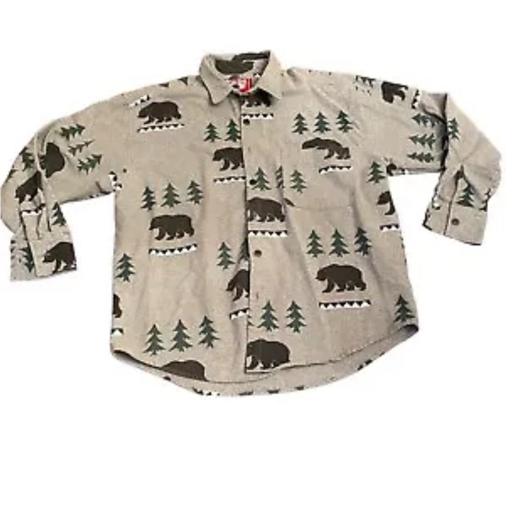 True Grit Shirt Men Size Small Gray Flannel Allover Bear Pine Trees Vintage USA